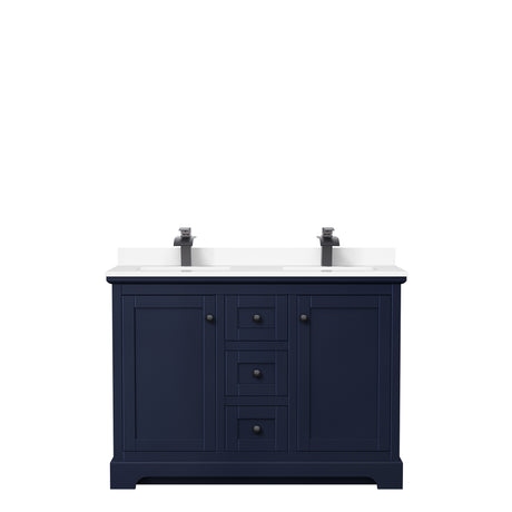 Avery 48 Inch Double Bathroom Vanity in Dark Blue White Cultured Marble Countertop Undermount Square Sinks Matte Black Trim