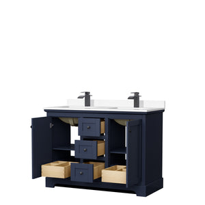 Avery 48 Inch Double Bathroom Vanity in Dark Blue White Cultured Marble Countertop Undermount Square Sinks Matte Black Trim