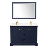 Avery 48 Inch Double Bathroom Vanity in Dark Blue Carrara Cultured Marble Countertop Undermount Square Sinks 46 Inch Mirror