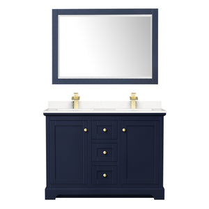 Avery 48 Inch Double Bathroom Vanity in Dark Blue Carrara Cultured Marble Countertop Undermount Square Sinks 46 Inch Mirror