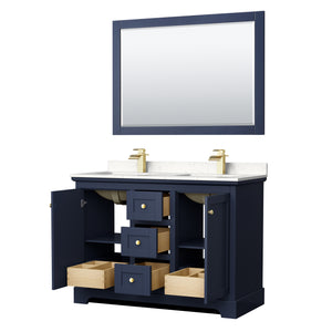 Avery 48 Inch Double Bathroom Vanity in Dark Blue Carrara Cultured Marble Countertop Undermount Square Sinks 46 Inch Mirror
