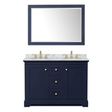Avery 48 Inch Double Bathroom Vanity in Dark Blue White Carrara Marble Countertop Undermount Oval Sinks 46 Inch Mirror