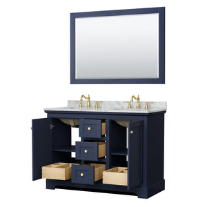 Avery 48 Inch Double Bathroom Vanity in Dark Blue White Carrara Marble Countertop Undermount Oval Sinks 46 Inch Mirror