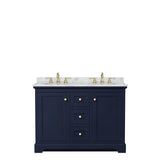 Avery 48 Inch Double Bathroom Vanity in Dark Blue White Carrara Marble Countertop Undermount Oval Sinks No Mirror