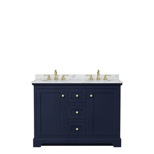Avery 48 Inch Double Bathroom Vanity in Dark Blue White Carrara Marble Countertop Undermount Oval Sinks No Mirror