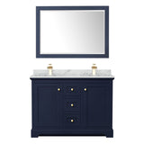 Avery 48 Inch Double Bathroom Vanity in Dark Blue White Carrara Marble Countertop Undermount Square Sinks 46 Inch Mirror