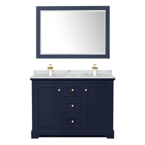 Avery 48 Inch Double Bathroom Vanity in Dark Blue White Carrara Marble Countertop Undermount Square Sinks 46 Inch Mirror