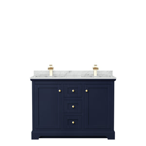 Avery 48 Inch Double Bathroom Vanity in Dark Blue White Carrara Marble Countertop Undermount Square Sinks No Mirror
