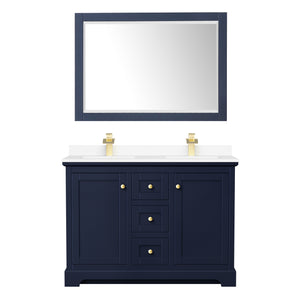 Avery 48 Inch Double Bathroom Vanity in Dark Blue White Cultured Marble Countertop Undermount Square Sinks 46 Inch Mirror