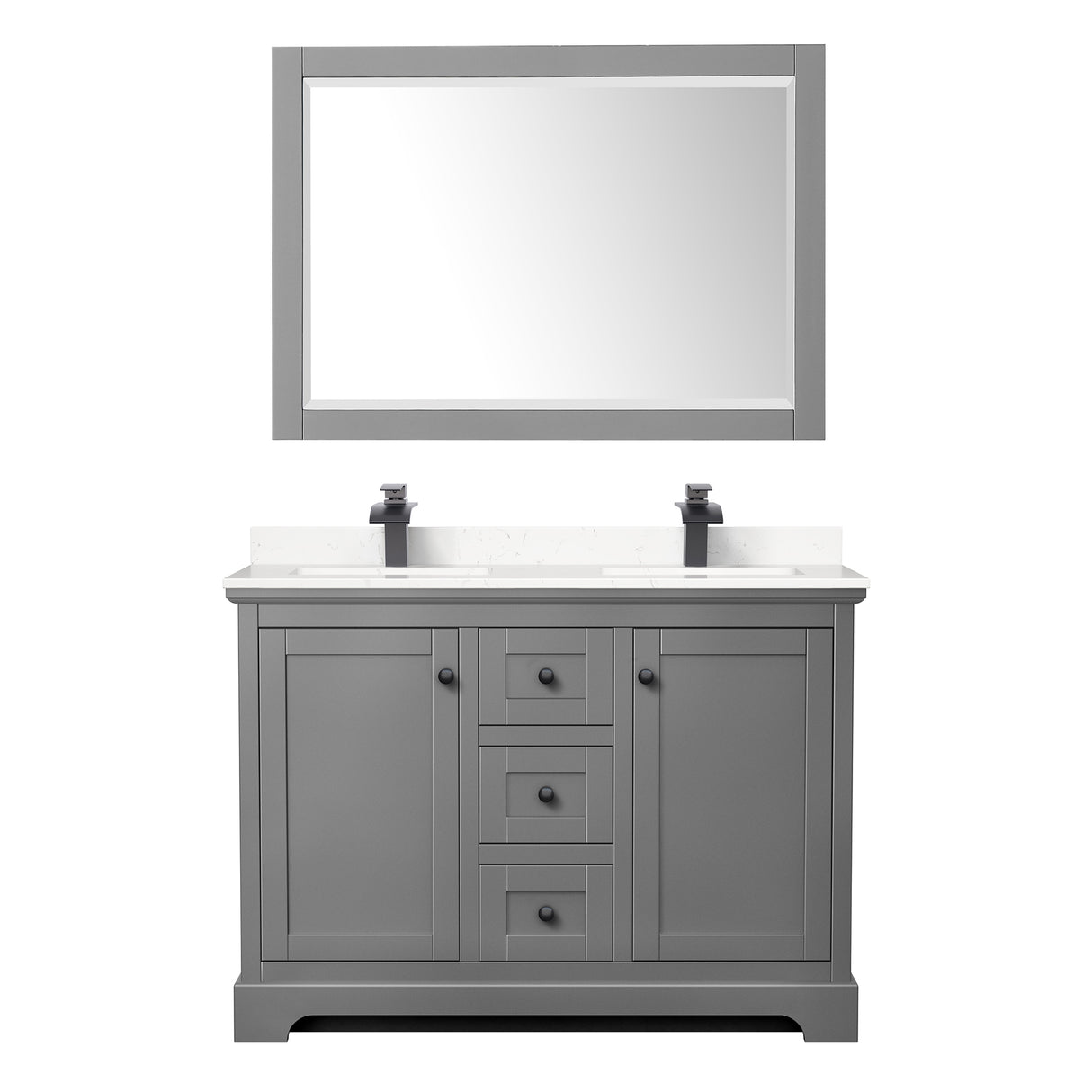 Avery 48 Inch Double Bathroom Vanity in Dark Gray Carrara Cultured Marble Countertop Undermount Square Sinks Matte Black Trim 46 Inch Mirror
