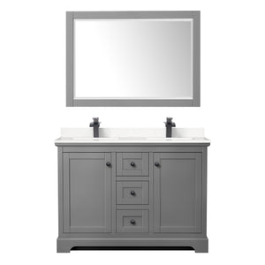 Avery 48 Inch Double Bathroom Vanity in Dark Gray Carrara Cultured Marble Countertop Undermount Square Sinks Matte Black Trim 46 Inch Mirror