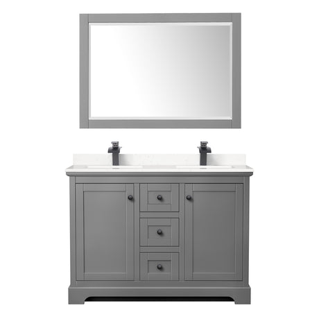 Avery 48 Inch Double Bathroom Vanity in Dark Gray Carrara Cultured Marble Countertop Undermount Square Sinks Matte Black Trim 46 Inch Mirror