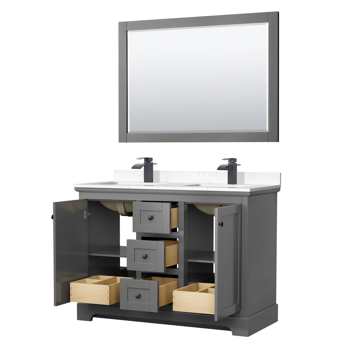 Avery 48 Inch Double Bathroom Vanity in Dark Gray Carrara Cultured Marble Countertop Undermount Square Sinks Matte Black Trim 46 Inch Mirror