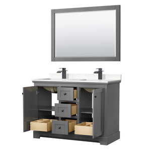 Avery 48 Inch Double Bathroom Vanity in Dark Gray Carrara Cultured Marble Countertop Undermount Square Sinks Matte Black Trim 46 Inch Mirror