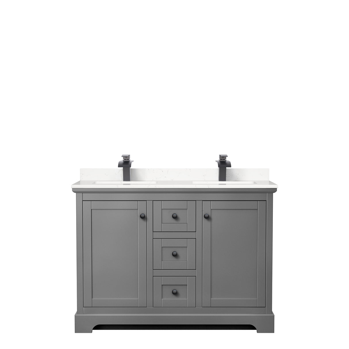 Avery 48 Inch Double Bathroom Vanity in Dark Gray Carrara Cultured Marble Countertop Undermount Square Sinks Matte Black Trim