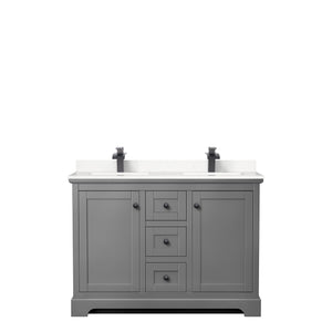 Avery 48 Inch Double Bathroom Vanity in Dark Gray Carrara Cultured Marble Countertop Undermount Square Sinks Matte Black Trim
