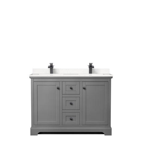 Avery 48 Inch Double Bathroom Vanity in Dark Gray Carrara Cultured Marble Countertop Undermount Square Sinks Matte Black Trim