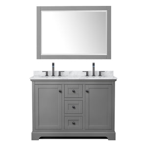 Avery 48 Inch Double Bathroom Vanity in Dark Gray White Carrara Marble Countertop Undermount Oval Sinks Matte Black Trim 46 Inch Mirror