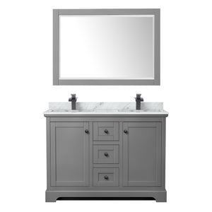 Avery 48 Inch Double Bathroom Vanity in Dark Gray White Carrara Marble Countertop Undermount Square Sinks Matte Black Trim 46 Inch Mirror