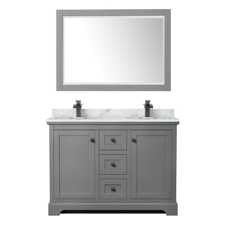 Avery 48 Inch Double Bathroom Vanity in Dark Gray White Carrara Marble Countertop Undermount Square Sinks Matte Black Trim 46 Inch Mirror