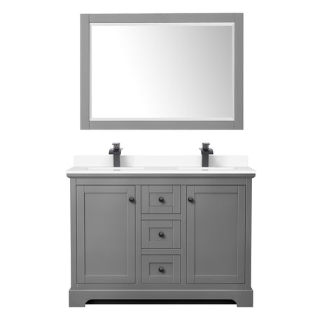 Avery 48 Inch Double Bathroom Vanity in Dark Gray White Cultured Marble Countertop Undermount Square Sinks Matte Black Trim 46 Inch Mirror