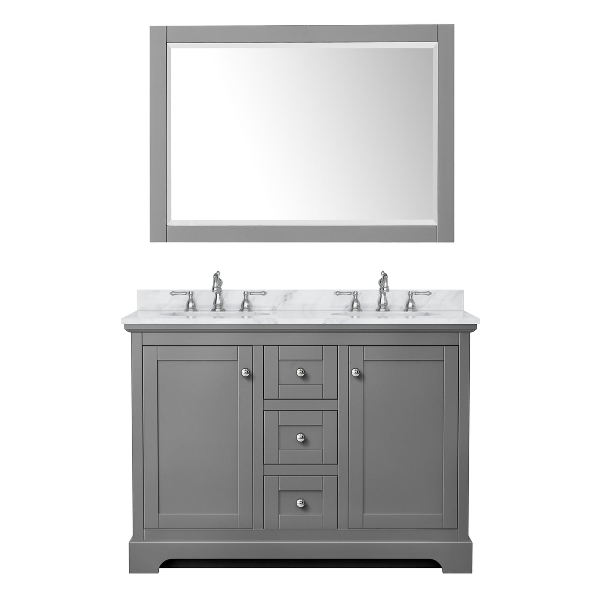 Avery 48 Inch Double Bathroom Vanity in Dark Gray White Carrara Marble Countertop Undermount Oval Sinks 46 Inch Mirror