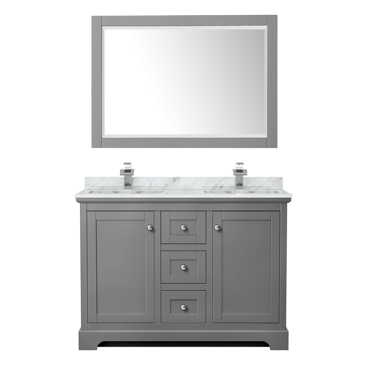 Avery 48 Inch Double Bathroom Vanity in Dark Gray White Carrara Marble Countertop Undermount Square Sinks 46 Inch Mirror