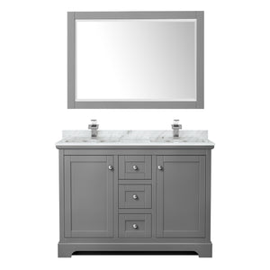Avery 48 Inch Double Bathroom Vanity in Dark Gray White Carrara Marble Countertop Undermount Square Sinks 46 Inch Mirror