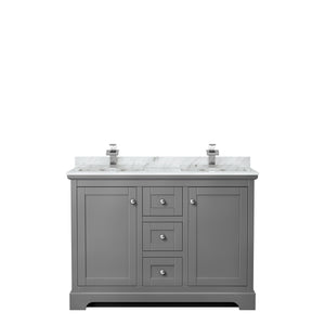 Avery 48 Inch Double Bathroom Vanity in Dark Gray White Carrara Marble Countertop Undermount Square Sinks No Mirror