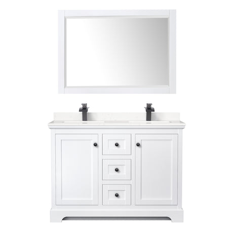Avery 48 Inch Double Bathroom Vanity in White Carrara Cultured Marble Countertop Undermount Square Sinks Matte Black Trim 46 Inch Mirror