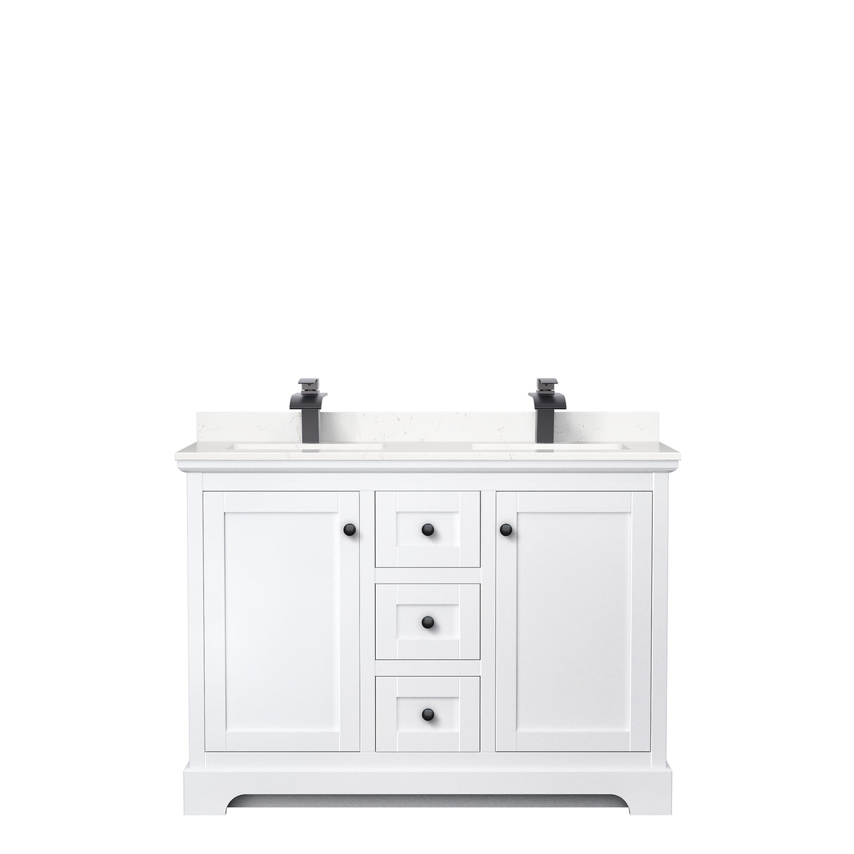 Avery 48 Inch Double Bathroom Vanity in White Carrara Cultured Marble Countertop Undermount Square Sinks Matte Black Trim