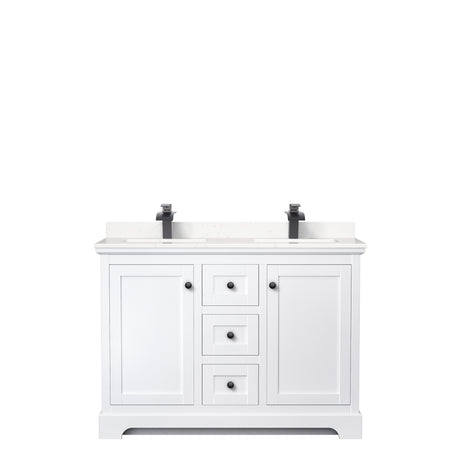 Avery 48 Inch Double Bathroom Vanity in White Carrara Cultured Marble Countertop Undermount Square Sinks Matte Black Trim