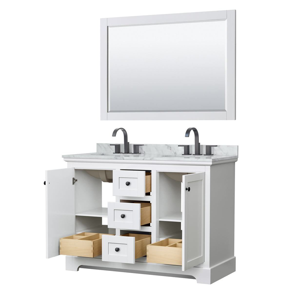 Avery 48 Inch Double Bathroom Vanity in White White Carrara Marble Countertop Undermount Oval Sinks Matte Black Trim 46 Inch Mirror