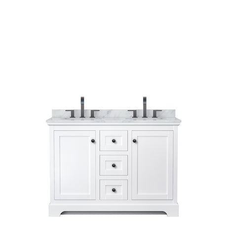 Avery 48 Inch Double Bathroom Vanity in White White Carrara Marble Countertop Undermount Oval Sinks Matte Black Trim