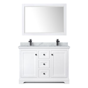 Avery 48 Inch Double Bathroom Vanity in White White Carrara Marble Countertop Undermount Square Sinks Matte Black Trim 46 Inch Mirror