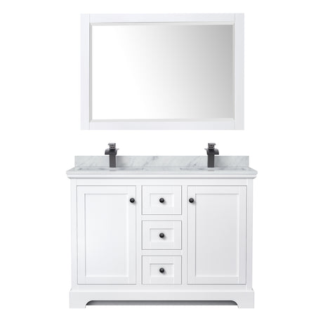 Avery 48 Inch Double Bathroom Vanity in White White Carrara Marble Countertop Undermount Square Sinks Matte Black Trim 46 Inch Mirror