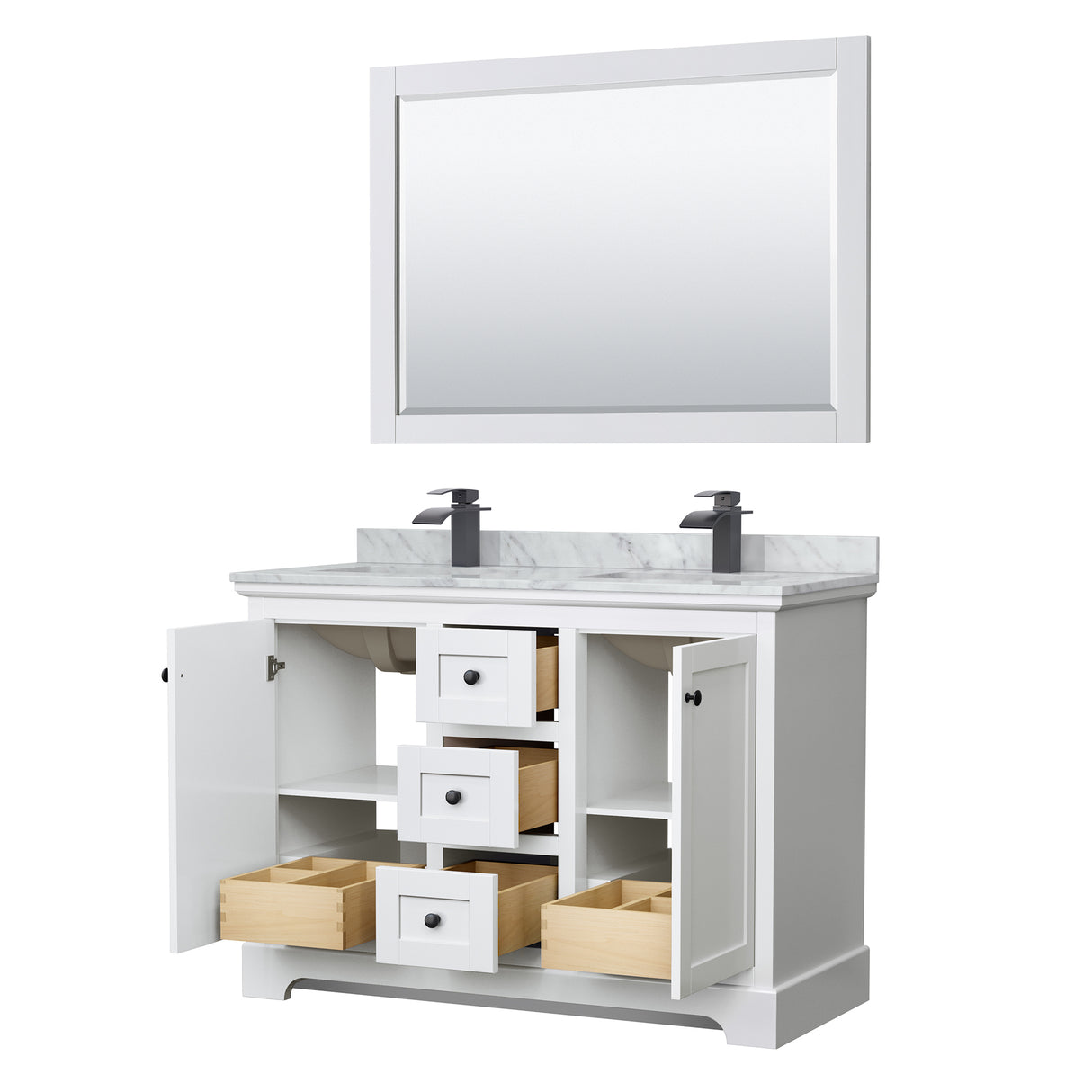 Avery 48 Inch Double Bathroom Vanity in White White Carrara Marble Countertop Undermount Square Sinks Matte Black Trim 46 Inch Mirror