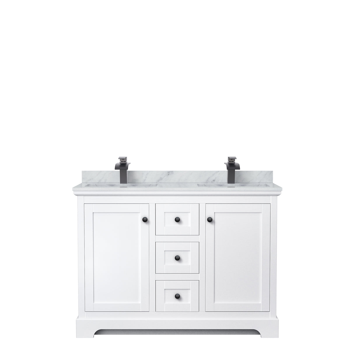 Avery 48 Inch Double Bathroom Vanity in White White Carrara Marble Countertop Undermount Square Sinks Matte Black Trim