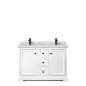 Avery 48 Inch Double Bathroom Vanity in White White Carrara Marble Countertop Undermount Square Sinks Matte Black Trim