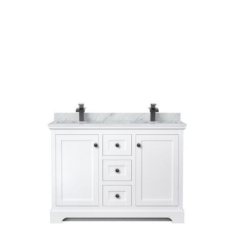 Avery 48 Inch Double Bathroom Vanity in White White Carrara Marble Countertop Undermount Square Sinks Matte Black Trim
