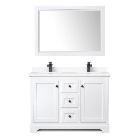 Avery 48 Inch Double Bathroom Vanity in White White Cultured Marble Countertop Undermount Square Sinks Matte Black Trim 46 Inch Mirror