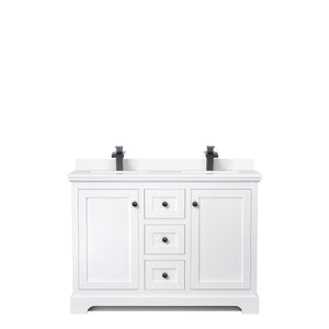 Avery 48 Inch Double Bathroom Vanity in White White Cultured Marble Countertop Undermount Square Sinks Matte Black Trim
