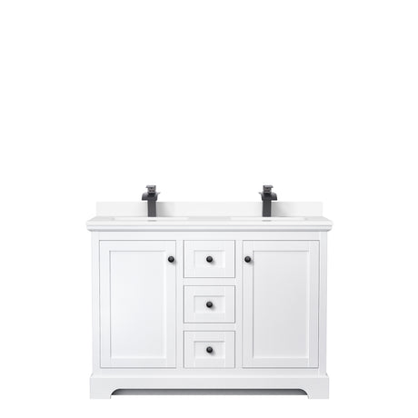 Avery 48 Inch Double Bathroom Vanity in White White Cultured Marble Countertop Undermount Square Sinks Matte Black Trim