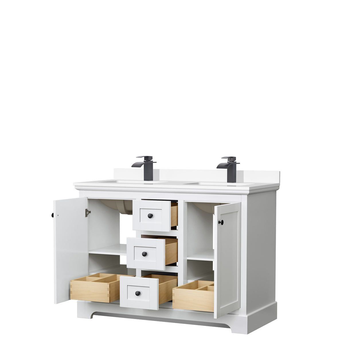 Avery 48 Inch Double Bathroom Vanity in White White Cultured Marble Countertop Undermount Square Sinks Matte Black Trim