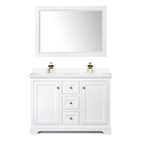 Avery 48 Inch Double Bathroom Vanity in White Carrara Cultured Marble Countertop Undermount Square Sinks 46 Inch Mirror Brushed Gold Trim