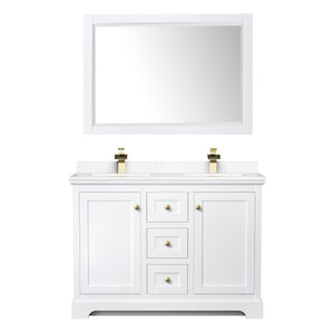 Avery 48 Inch Double Bathroom Vanity in White Carrara Cultured Marble Countertop Undermount Square Sinks 46 Inch Mirror Brushed Gold Trim