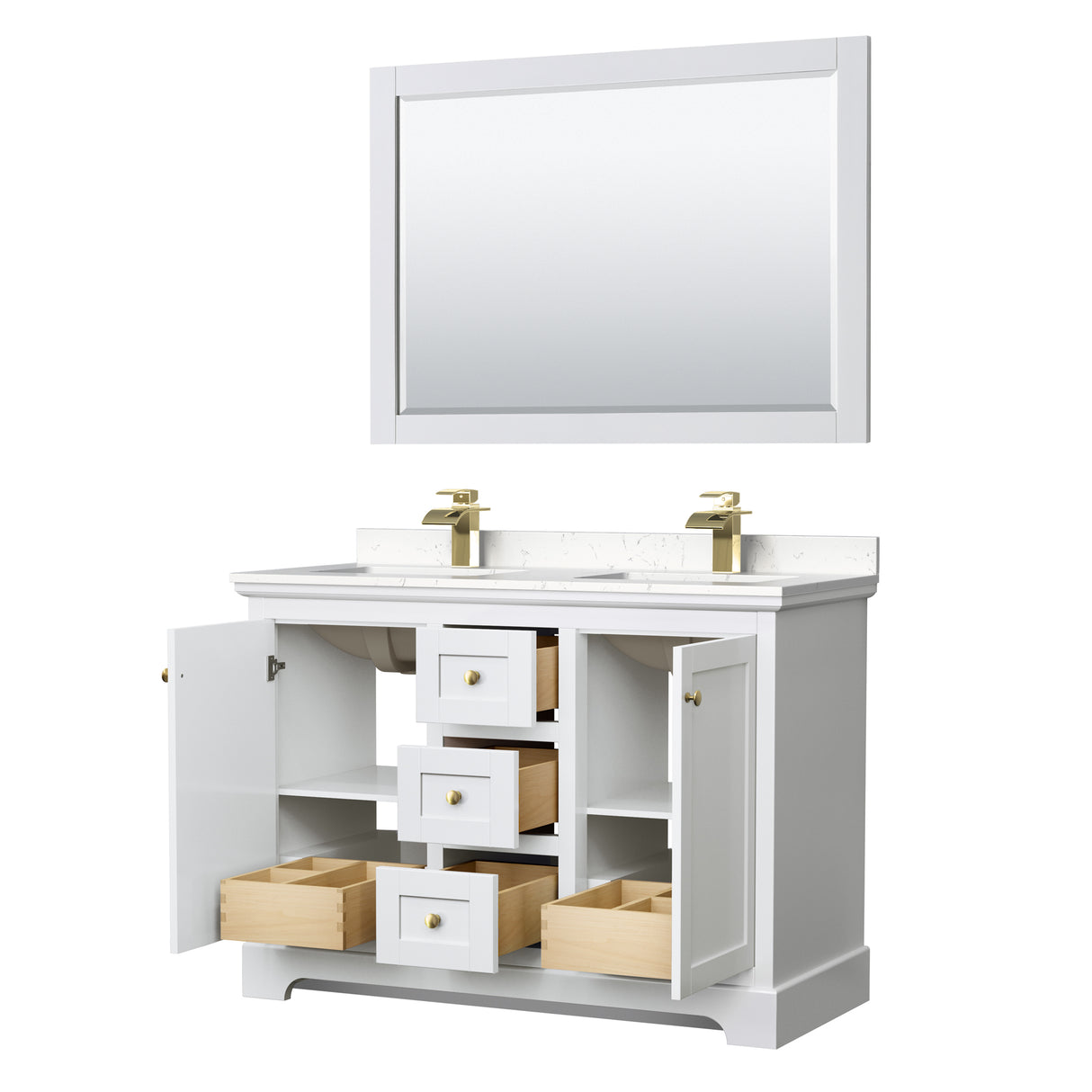 Avery 48 Inch Double Bathroom Vanity in White Carrara Cultured Marble Countertop Undermount Square Sinks 46 Inch Mirror Brushed Gold Trim
