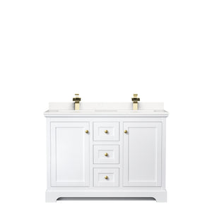 Avery 48 Inch Double Bathroom Vanity in White Carrara Cultured Marble Countertop Undermount Square Sinks Brushed Gold Trim