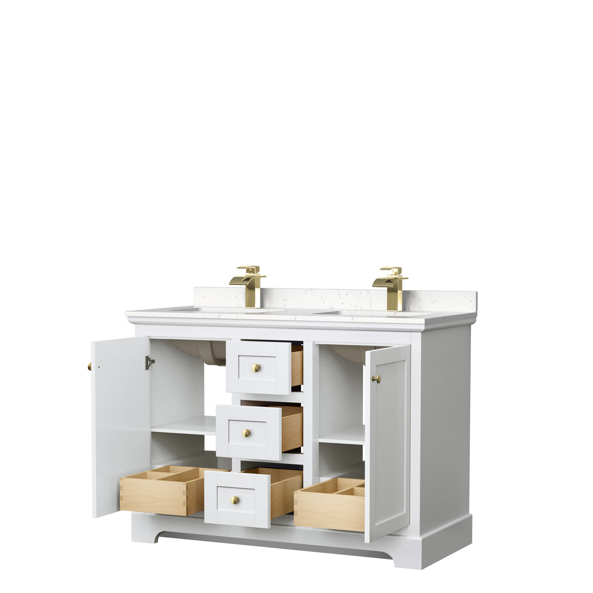 Avery 48 Inch Double Bathroom Vanity in White Carrara Cultured Marble Countertop Undermount Square Sinks Brushed Gold Trim