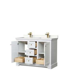 Avery 48 Inch Double Bathroom Vanity in White Carrara Cultured Marble Countertop Undermount Square Sinks Brushed Gold Trim